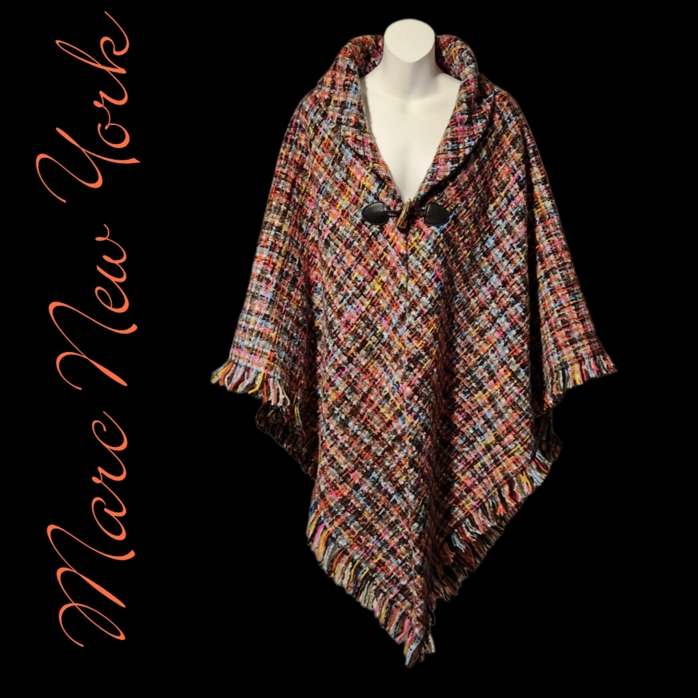 Marc New York Multicolor Tweed Fringe Cape with Pink Accents